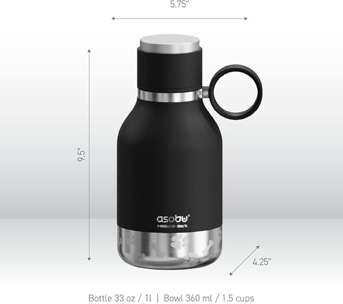 Asobu Buddy Bottle a Stainless Steel Insulated Water Bottle for with Removable Dog Water Bowl and Dog Food and Treat Storage Bowl (Black, 37 Oz Water Bottle with Bowl)