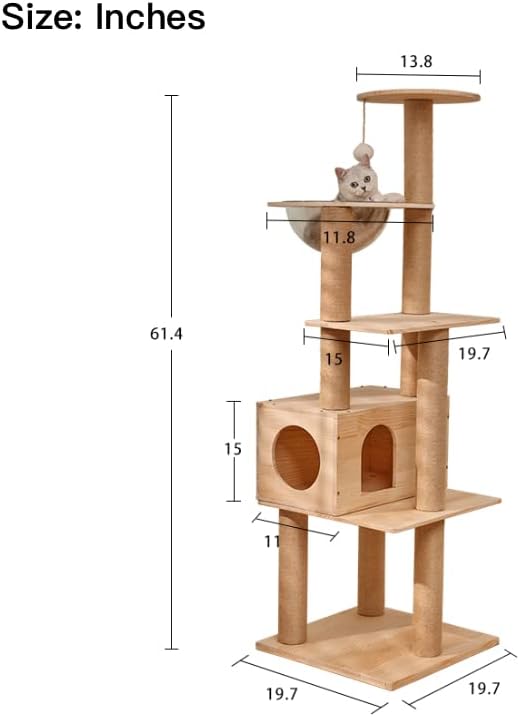 Modern Multi-Level Large Real Solid Wood Cat Tree, Luxury Wooden Cat Tower Cat Condo with Multi-Layer Platform for Indoor Cats