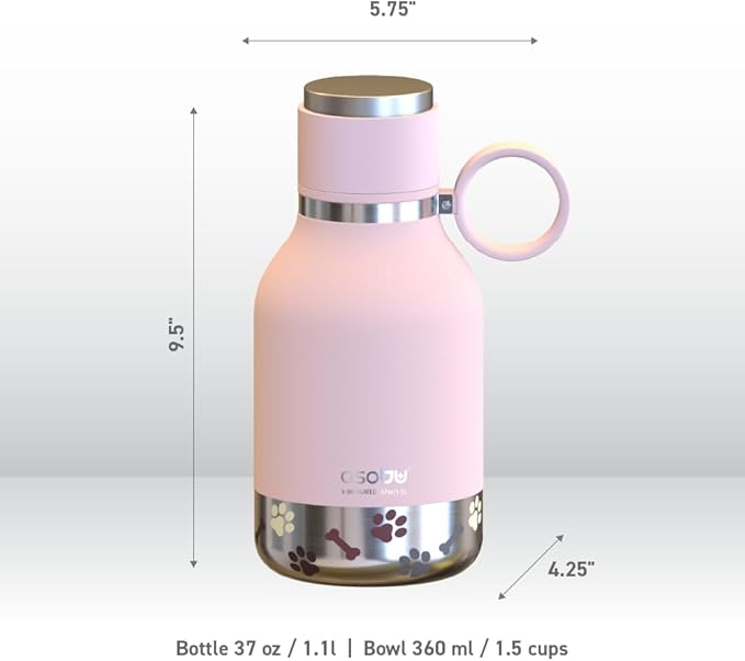 Asobu Buddy Bottle a Stainless Steel Insulated Water Bottle for with Removable Dog Water Bowl and Dog Food and Treat Storage Bowl (Pink, 38 oz Water Bottle with Bowl)