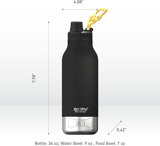 Asobu Dog Barky Bottle – Insulated Stainless Steel Water Bottle with 2 Removable Dog Bowls for Food, Treats & Water – Pet-Friendly Travel Bottle for Hiking, Road Trips & Outdoor Adventures