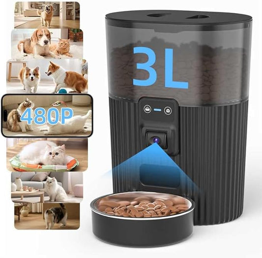 PAPIFEED Automatic Cat Feeder with Camera, Adjustable Angle 2.4G WiFi Pet Feeder,3.5L/15 Cup Timed Dispenser,Timed Feeder for Remote Feeding with Stainless Steel Bowl up to 10 Meals Per Day with APP