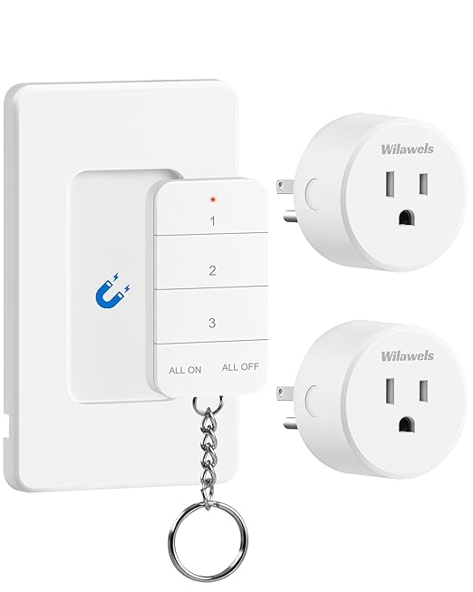Remote Control Outlet, WILAWELS Wireless Light Switch with Magnetic Base, On Off Remote Outlet Switch for Lights, Lamps, Fan, Appliance, 100ft RF Range, 15A/1875W, One Remote for Two Plugs W09RC1206