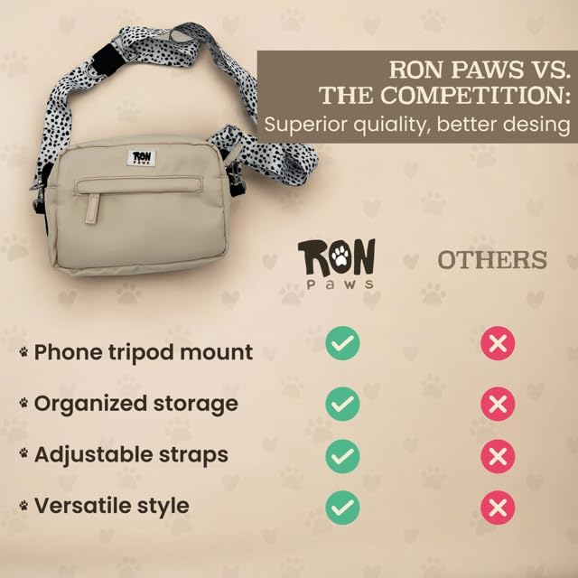 Dog Walking Crossbody with Treat Pouch & Tripod - Hands-Free Storage with Phone Holder, Poop Bag Dispenser, Hook for Used Poop Bags & Training Features (Beige)