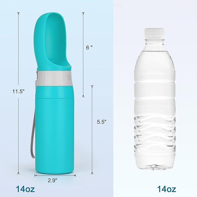 Portable Dog Water Bottle, Stainless Steel 14 OZ Leak Proof Puppy Water Dispenser with Drinking Feeder for Pets Travel, Walking, Hiking and Outdoor Activities