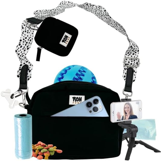Dog Walking Crossbody with Treat Pouch & Tripod - Hands-free Storage with Phone Holder, Poop Bag Dispenser, Hook for Used Poop Bags & Training Features (Black)