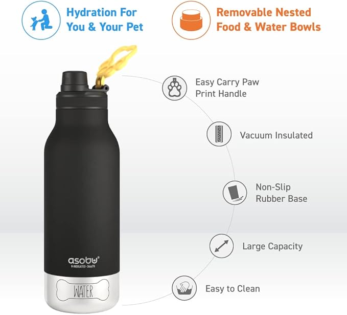 Asobu Dog Barky Bottle – Insulated Stainless Steel Water Bottle with 2 Removable Dog Bowls for Food, Treats & Water – Pet-Friendly Travel Bottle for Hiking, Road Trips & Outdoor Adventures