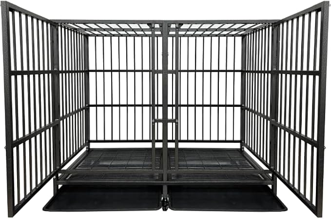54 Inch Heavy Duty Dog Crate Cage with Divider, Indestructible and Escape Proof Steel Kennel Indoor for 2 High Anxiety Dogs with Sturdy Locks, Double Door and Tray, Extra Large XL XXL