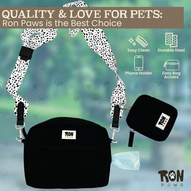 Dog Walking Crossbody with Treat Pouch & Tripod - Hands-free Storage with Phone Holder, Poop Bag Dispenser, Hook for Used Poop Bags & Training Features (Black)