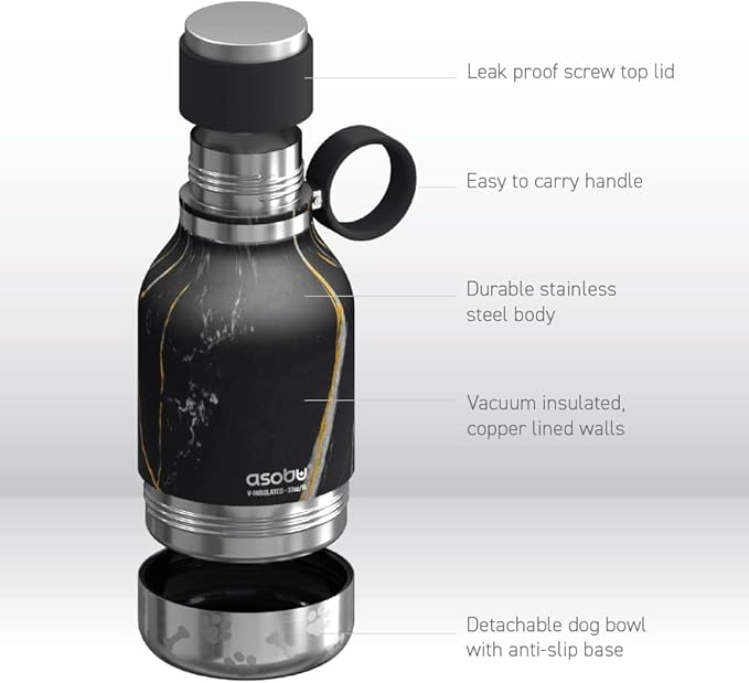 Asobu Buddy Bottle a Stainless Steel Insulated Water Bottle for with Removable Dog Water Bowl and Dog Food and Treat Storage Bowl (Midnight Marble, 37 oz Water Bottle with Bowl)