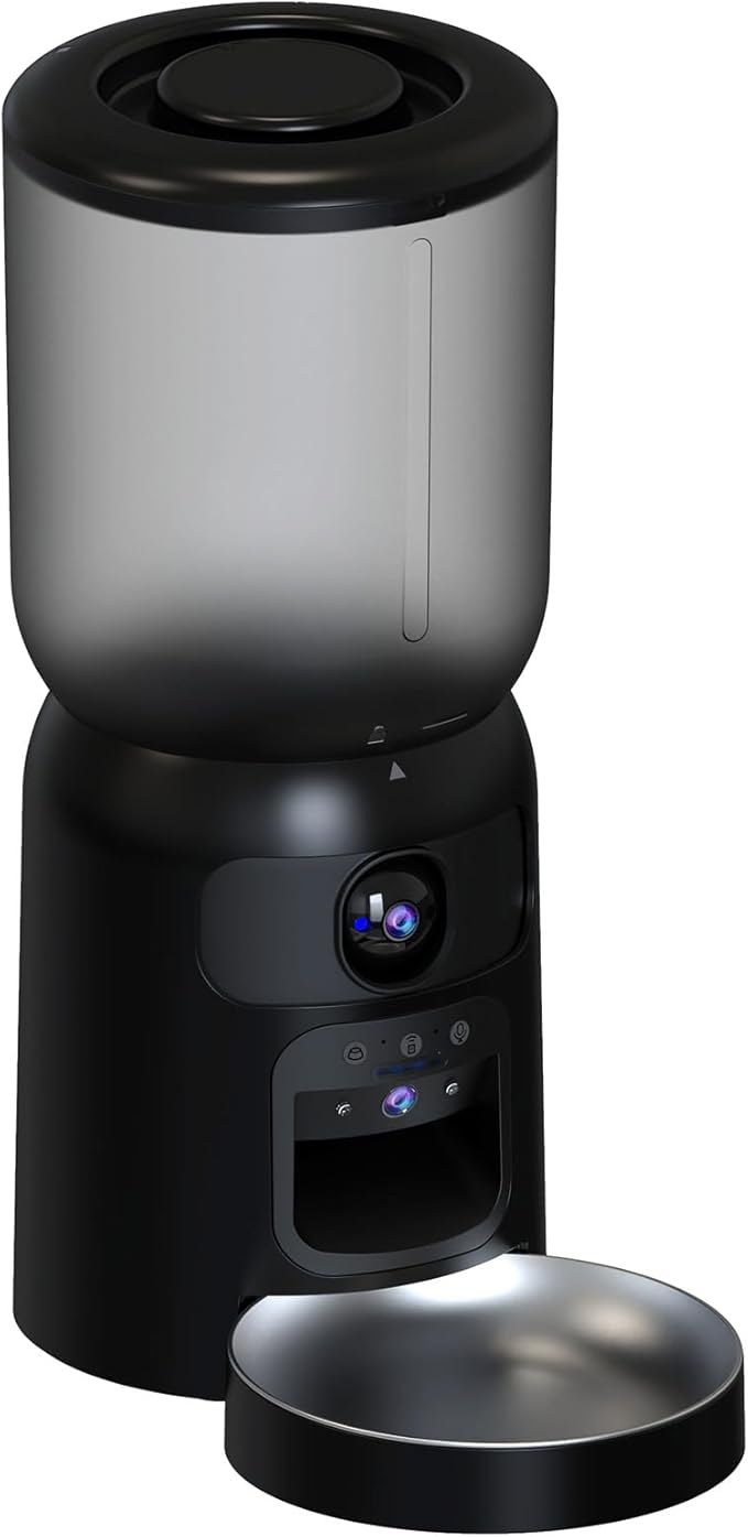 6L AI Automatic Cat Feeder with Dual Camera, 1080P HD Night Vision & Dual Power Supply, Easy Setup Timed Food Dispenser with Desiccant Bag for Cats & Dogs (Black)