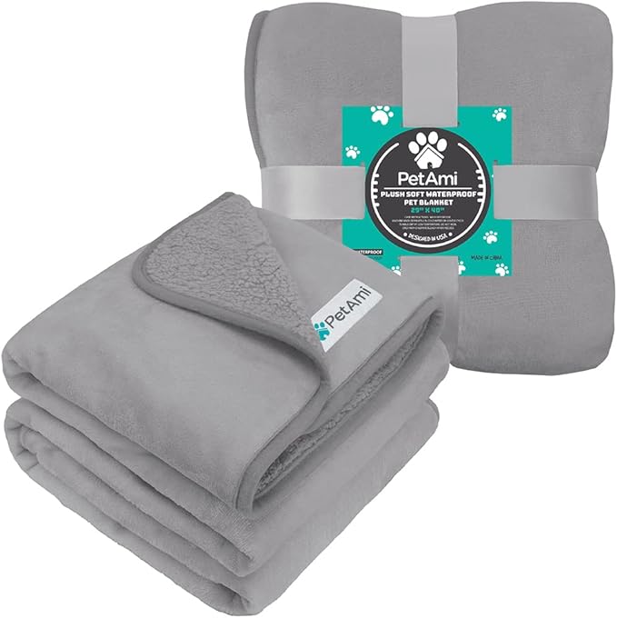 PetAmi Waterproof Dog Blanket for Small Medium Dogs, Pee Proof Pet Blanket for Couch Bed, Reversible Water Proof Blanket for Puppy Indoor Cat, Soft Dog Fleece Blankets Washable, 29x40 Light Gray