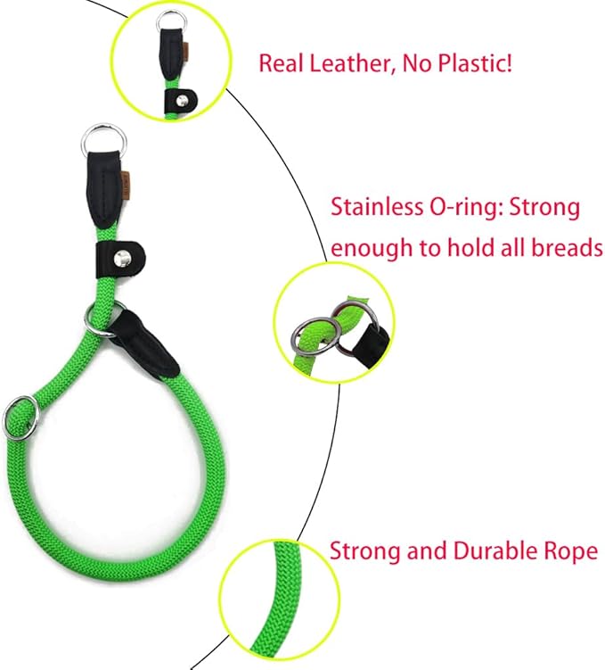 Braided Round Martingale Dog Collar, Training Collar with Slidable Stop Ring and Adjustable Stopper - Ideal for Large Dogs (L(1/2") - 20" Long, Light Green)