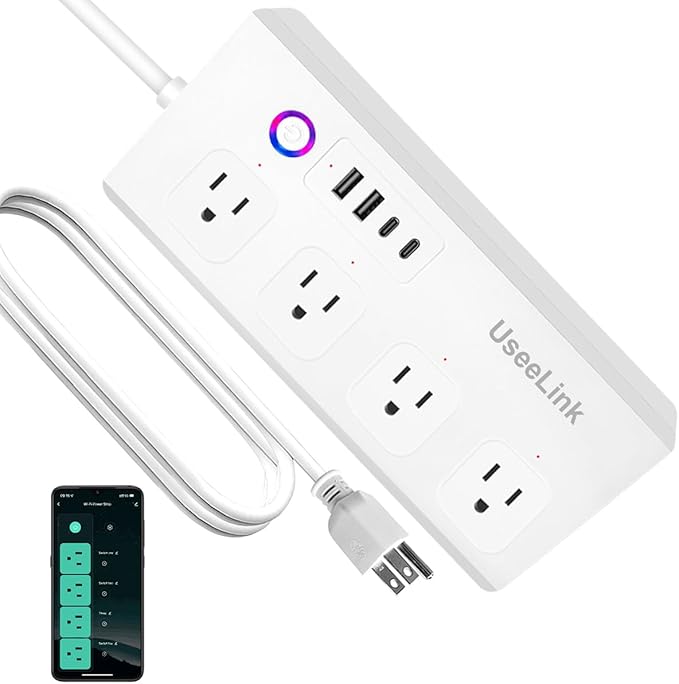 UseeLink Smart Power Strip, WiFi Flat Plug Strip with 4 Smart Outlets and 4 USB Ports(2A2C), 5 Feet Extension Cord Surge Protector, Only 2.4 GHz Wi-Fi, Compatible with Alexa and Google Home, White