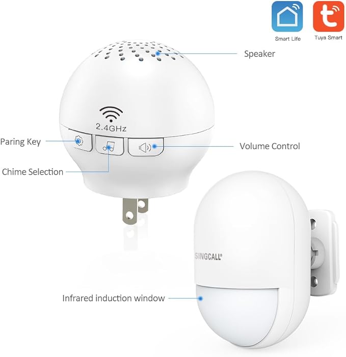 SINGCALL Wireless Motion Sensor Alarm Driveway Alarm Indoor Smart Motion Sensor Detector 2.4G WiFi Wireless System Home Security Alert Bell