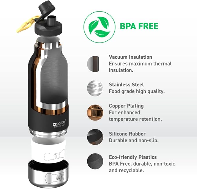 Asobu Dog Barky Bottle – Insulated Stainless Steel Water Bottle with 2 Removable Dog Bowls for Food, Treats & Water – Pet-Friendly Travel Bottle for Hiking, Road Trips & Outdoor Adventures