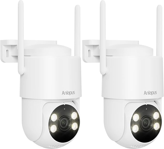 Anlapus 2 x C281 3MP 2K Security WiFi Camera Outdoor, 360° Pan/Tilt Wired Security Camera, AI Detect, Auto Track, Color Night Vision, 2-Way Talk, 2.4/5GHz, Light Siren Alarm, Cloud/Memory Card Storage