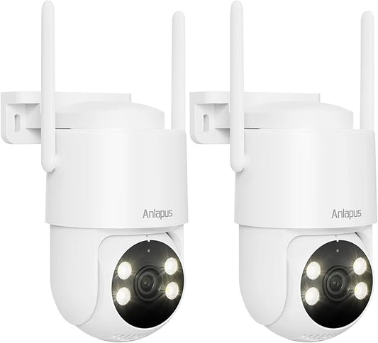 Anlapus 2 x C281 3MP 2K Security WiFi Camera Outdoor, 360° Pan/Tilt Wired Security Camera, AI Detect, Auto Track, Color Night Vision, 2-Way Talk, 2.4/5GHz, Light Siren Alarm, Cloud/Memory Card Storage
