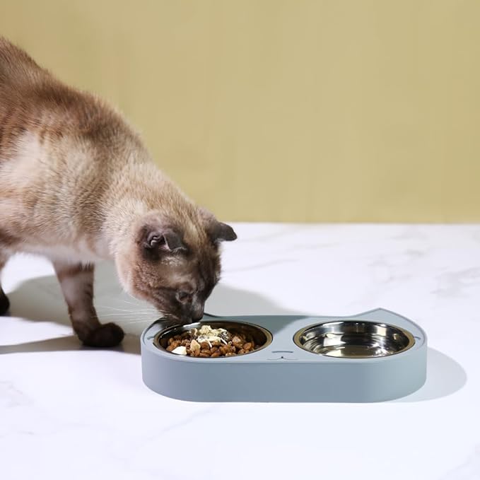7 Ruby Road Cute Cat Bowls for Indoor Cats and Kitty, Double Cat Food Water Bowl Set with 2 Stainless Steel Pet Dishes and Grey Silicone Feeding Station, 350ml Kitten Bowls for Wet & Dry Food