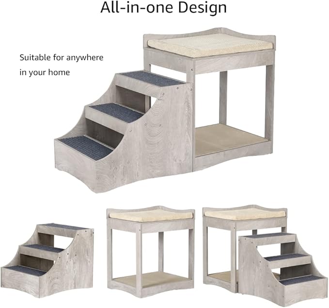 unipaws Pet Bunk Bed with Removable Step for Dogs and Cats, Multi-Level Bed Window Perch Seat Platform with Cushion and Cat Scratch Pad, Indoor Use