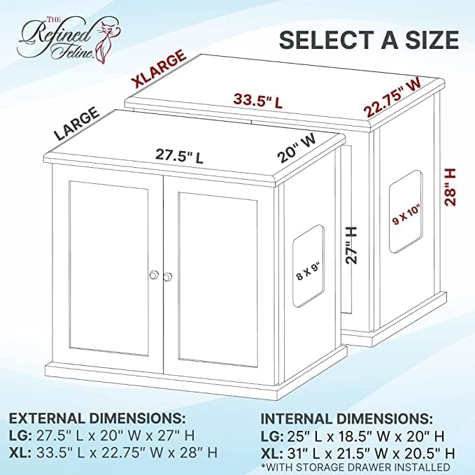 THE REFINED FELINE Cat Litter Box Enclosure Cabinet, Modern, Mahogany Brown, Tulip Feet, Large, Hidden Litter Cat Furniture with Drawer