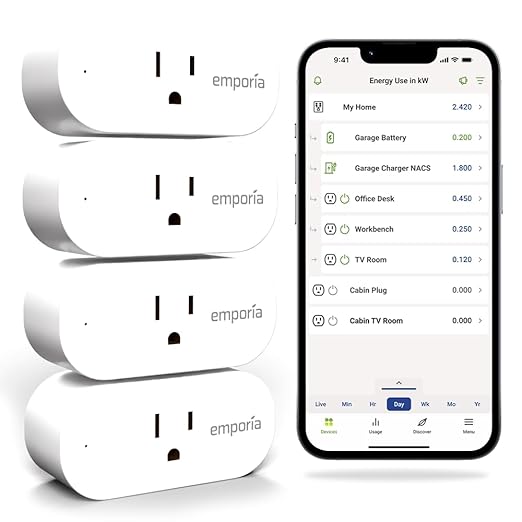 Emporia Energy Monitoring Smart Plug, WiFi Smart Outlet Plug Works with Alexa and Google Home - 15a WiFi Outlet with Timer, Mobile App, Home Energy Monitor, Scheduling - 2.4ghz WiFi Only (4 Pack)