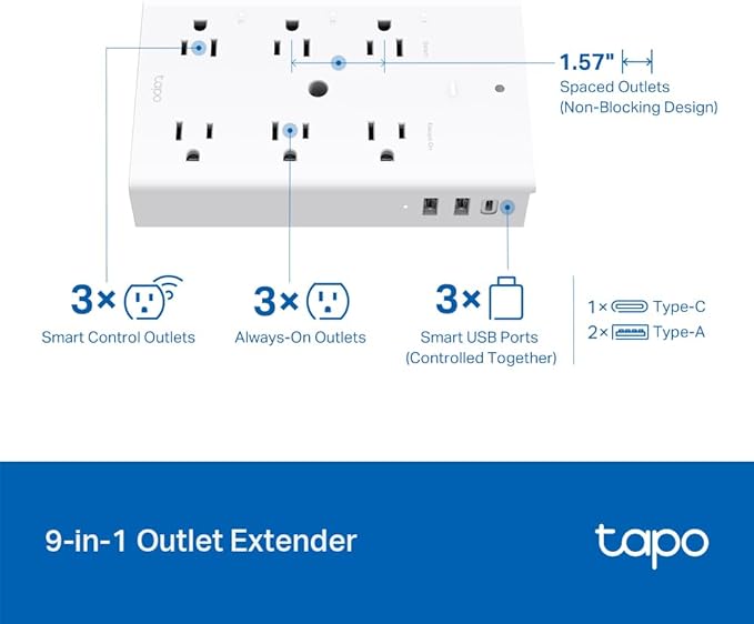 TP-Link Tapo Smart Plug Outlet Extender, Surge Protector, 18W Fast Charging, 3 Individual Smart Outlets, 1x USB-C & 2X USB-A, Smart Night Light, Works w/Apple HomeKit, Alexa & Google Home, Tapo P306