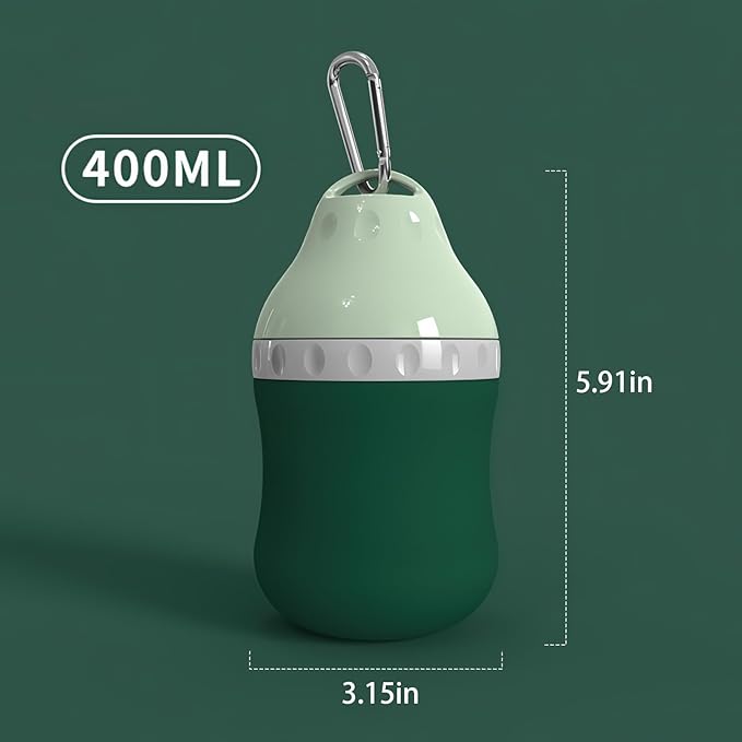Dog Travel Water Bottle Detachable Bowl Leak Proof Portable ,Silicone Bottle Body,Collapsible and Suitable for Small Pets for Outdoor Walking, Hiking, Travel (Green, 400 ml)