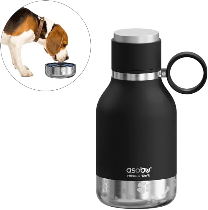 Asobu Buddy Bottle a Stainless Steel Insulated Water Bottle for with Removable Dog Water Bowl and Dog Food and Treat Storage Bowl (Black, 37 Oz Water Bottle with Bowl)
