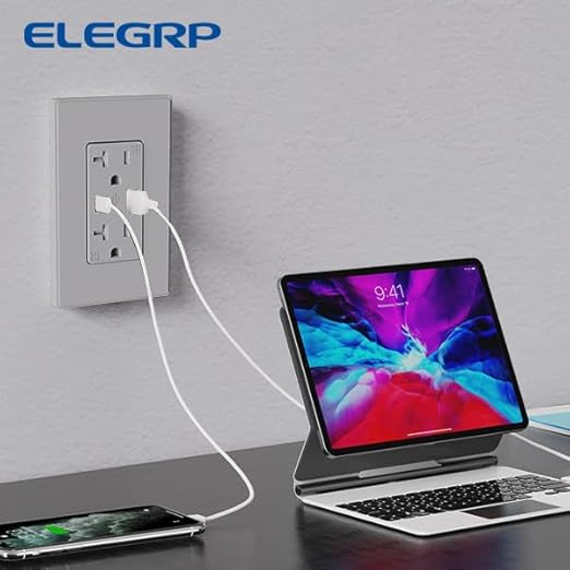 ELEGRP USB Charger Wall Outlet, USB Receptacle with USB A & USB C Ports, 20 Amp Duplex Tamper Resistant Receptacle Plug NEMA 5-20R, Wall Plate Included, UL Listed, 2 Pack, Matte Grey