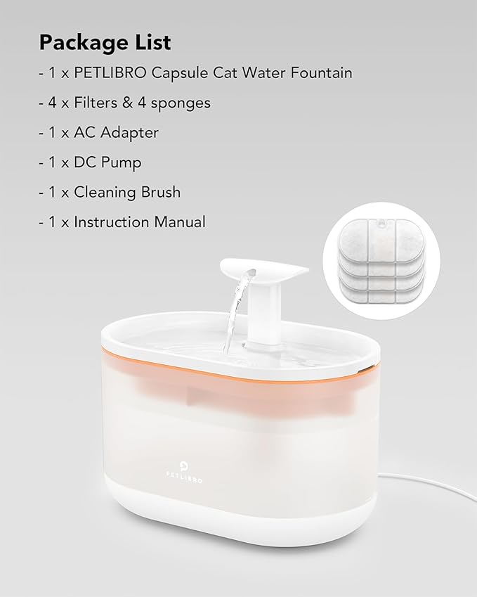 PETLIBRO 2.1L Automatic Cat Water Fountain, Ultra-Quiet Indoor Pet Water Dispenser with Dual Flow Modes, Visible Water Window & Multi-Layer Filter System, BPA-Free, Orange