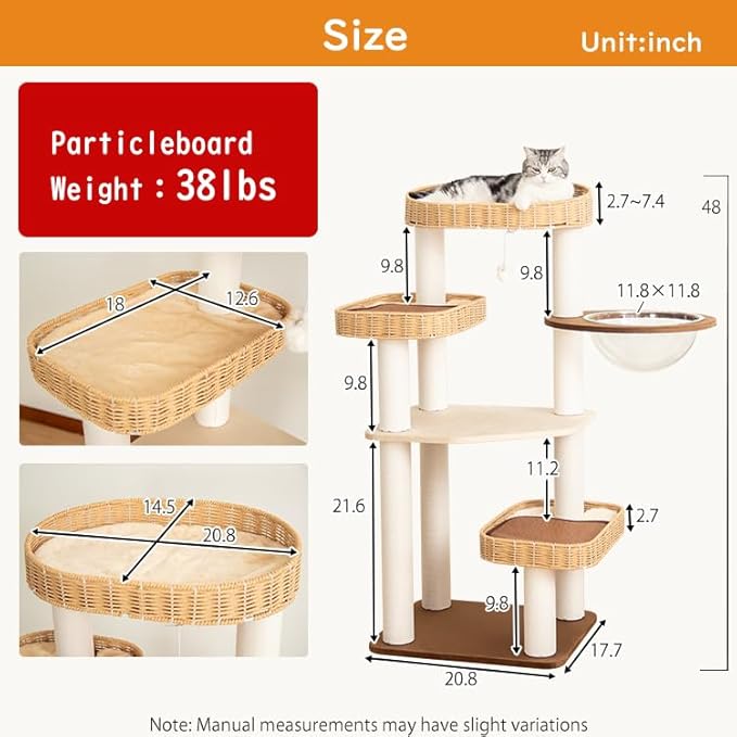 48'' Natural Wood Cat Tree with Rattan Beds & Clear Acrylic Bowl, Multi-Level Cat Tower for Indoor Cats, Modern Wooden Cat Condo with Scratch Posts (Dark Brown)