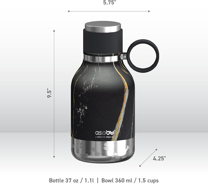Asobu Buddy Bottle a Stainless Steel Insulated Water Bottle for with Removable Dog Water Bowl and Dog Food and Treat Storage Bowl (Midnight Marble, 37 oz Water Bottle with Bowl)