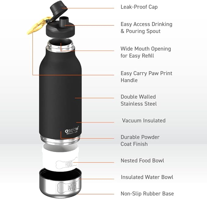 Asobu Dog Barky Bottle – Insulated Stainless Steel Water Bottle with 2 Removable Dog Bowls for Food, Treats & Water – Pet-Friendly Travel Bottle for Hiking, Road Trips & Outdoor Adventures