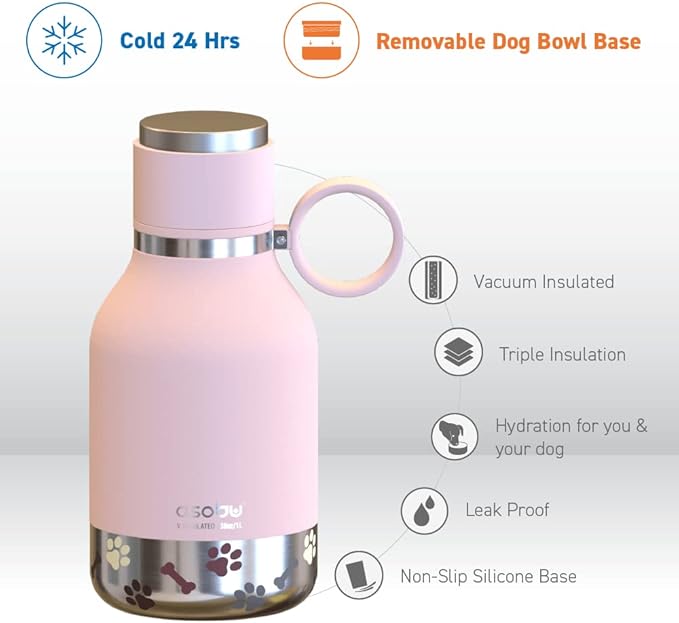Asobu Buddy Bottle a Stainless Steel Insulated Water Bottle for with Removable Dog Water Bowl and Dog Food and Treat Storage Bowl (Pink, 38 oz Water Bottle with Bowl)