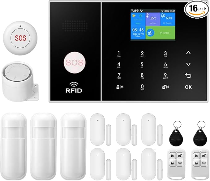 YBJ Wireless Home Alarm System, DIY WiFi Alarm System for Home Security with APP Alert, 16-Piece-Kit (Motion Detector, Door Sensors, Remote Control, Siren), Compatible with Alexa and Google Assistant