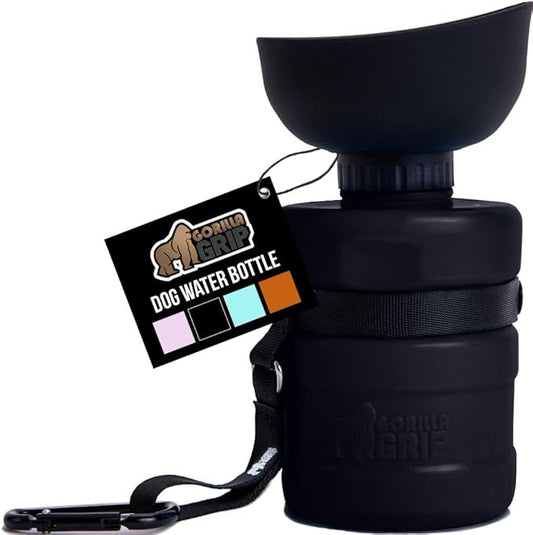 GORILLA GRIP Dog Water Bottle, Portable Water Bowl Dispenser for Dogs, 16 oz Leak Proof Pet Travel Squeeze Bottles, Food Grade Silicone, to Go Puppy Essentials, Hiking Camping Trip Accessories, Black