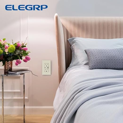 ELEGRP USB A & USB C Wall Outlet, 20 Amp Duplex Tamper Resistant Receptacle Plug NEMA 5-20R, Wall Plate Included, UL Listed, 10 Pack, Matte Light Almond
