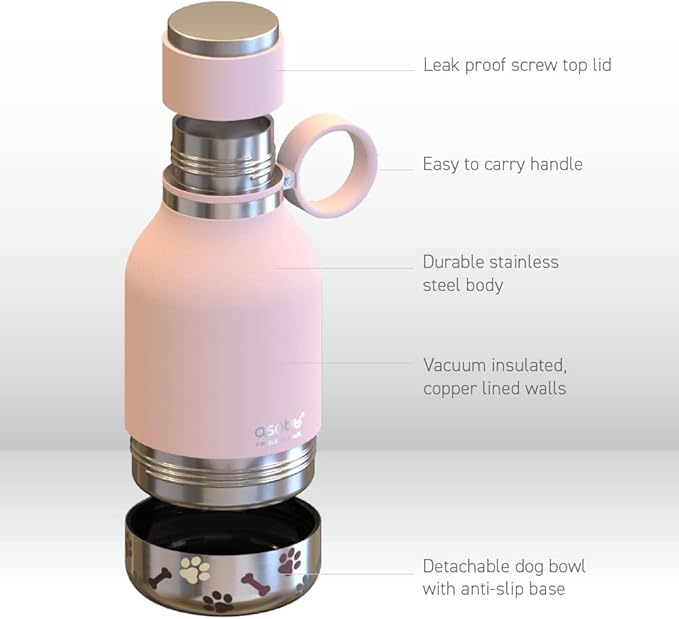 Asobu Buddy Bottle a Stainless Steel Insulated Water Bottle for with Removable Dog Water Bowl and Dog Food and Treat Storage Bowl (Pink, 38 oz Water Bottle with Bowl)