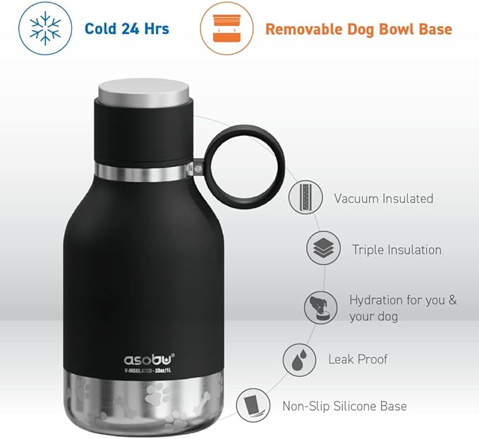 Asobu Buddy Bottle a Stainless Steel Insulated Water Bottle for with Removable Dog Water Bowl and Dog Food and Treat Storage Bowl (Black, 37 Oz Water Bottle with Bowl)