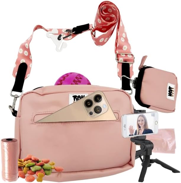 Dog Walking Crossbody with Treat Pouch & Tripod - Hands-Free Storage with Phone Holder, Poop Bag Dispenser, Hook for Used Poop Bags & Training Features (Pink)