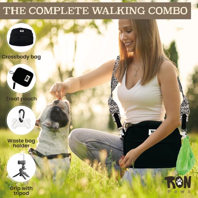 Dog Walking Crossbody with Treat Pouch & Tripod - Hands-free Storage with Phone Holder, Poop Bag Dispenser, Hook for Used Poop Bags & Training Features (Black)