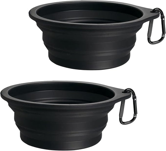 PetBonus 2-Pack Large Silicone Collapsible Dog Bowls, 34oz/1000ml BPA Free Portable Foldable Travel Bowl for Pet Cat, Food Water Feeding Dish for Camping with 2 Carabiners (Black, Black)