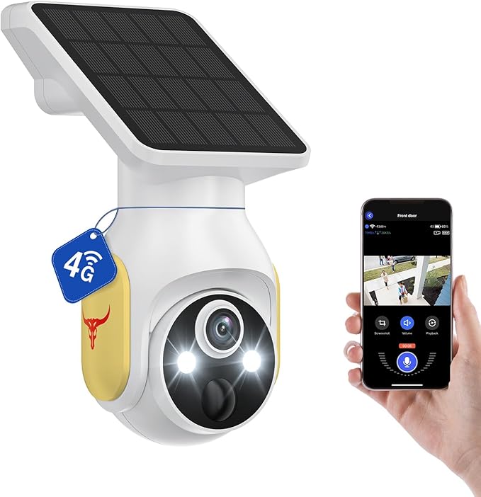 4G LTE Cellular Security Camera with Solar Panel, No WiFi, AI Motion Detection, 360° View Pan/Tilt, 2-Way Talk, 1080P Night Vision, SIM Card Included, Works with Verizon/AT&T/T-Mobile (4G)