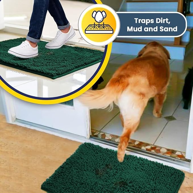 Muddy Mat® Shown on TV – Super Absorbent Microfiber Dog Door Mat for Muddy Paws, Non-Slip Washable Pet Rug, Quick Dry Chenille Entryway Carpet, Machine Washable Indoor Outdoor mat, Dark Green 28"x18"