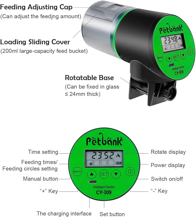 Automatic Fish Feeder for Aquariums - Rechargeable Auto Fish Food Dispenser Timer Feeder with USB Charger Cable,LCD Screen, Customized Schedule
