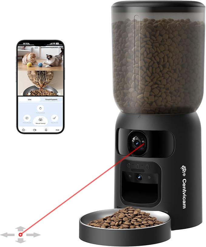 Automatic Cat Feeder with Dual 2K HD Camera, Smart Pet Food Dispenser for Timed Meals, APP Control Laser Interactive Toy Treat Feeders with 2.4G / 5G WiFi, Black