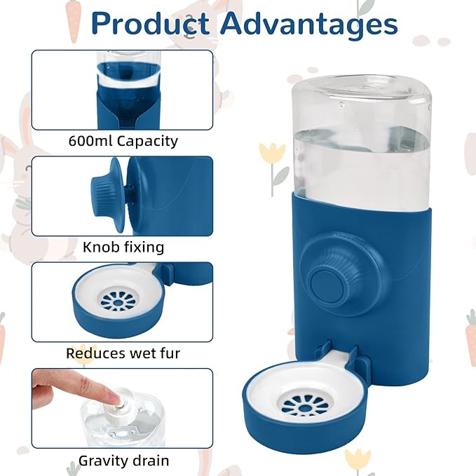 Rypet Hanging Rabbit Water Bottle Cage, 21oz Guinea Pig Water Bottle Dispenser, Automatic Small Pet Cage Water Feeder for Bunny Chinchilla Hamster Hedgehog Ferret Rat Gerbil Small Animal (Blue)