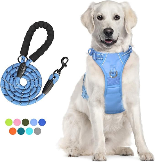 PoyPet No Pull Dog Harness and 5 Feet Leash Set, Release on Neck Reflective Adjustable Pet Vest, Front & Back 2 D-Ring and Soft Padded Pet Harness with Handle for Small to Large Dogs(Light Blue,L)