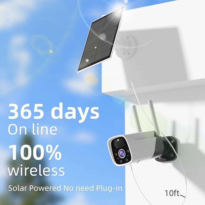 3MP Solar Power Security Camera Outdoor, Solar Surveillance Camera with Color Night Vision, 2 Way Audio, Spotlight & Siren, Compatible with Alexa, No Monthly Fee, AI Detection, IP65 Waterproof