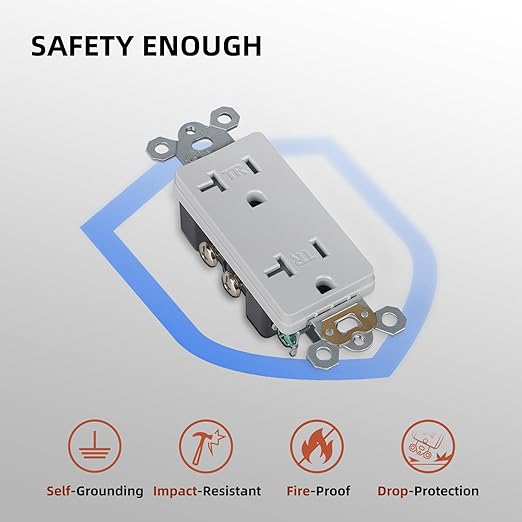 10 Pack Standard Decorator Electrical Wall Receptacle, 20 Amp Tamper Resistant Outlet, Self-Grounding, Residential Grade, 2 Pole 3 Wire, UL Listed, Gray